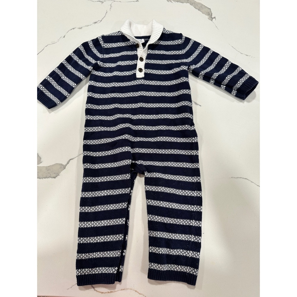 Janie and Jack Navy White Striped Knit Romper Sweater Jumpsuit 12-18 Months